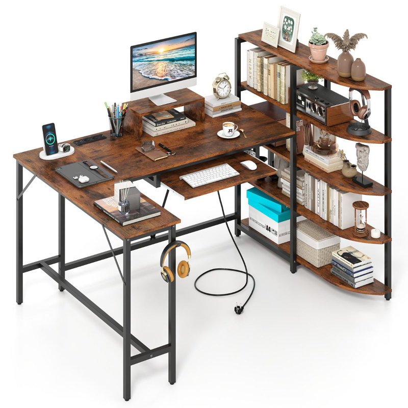 L-Shaped Metal Base Computer Desk, Brown/Black
