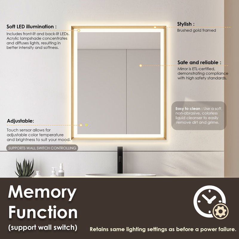 Apollo 36" Gold Rectangular LED Vanity Mirror