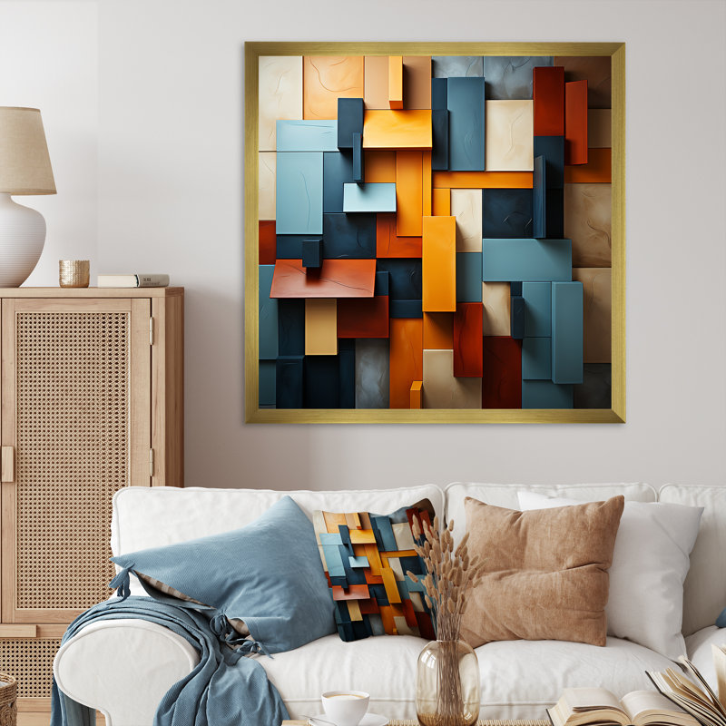 «Cubist Harmony Tones Collage - Cubism», reproduction sur toile encadrée, Cadre doré simple, H 30 po x l 30 po x P 1 po