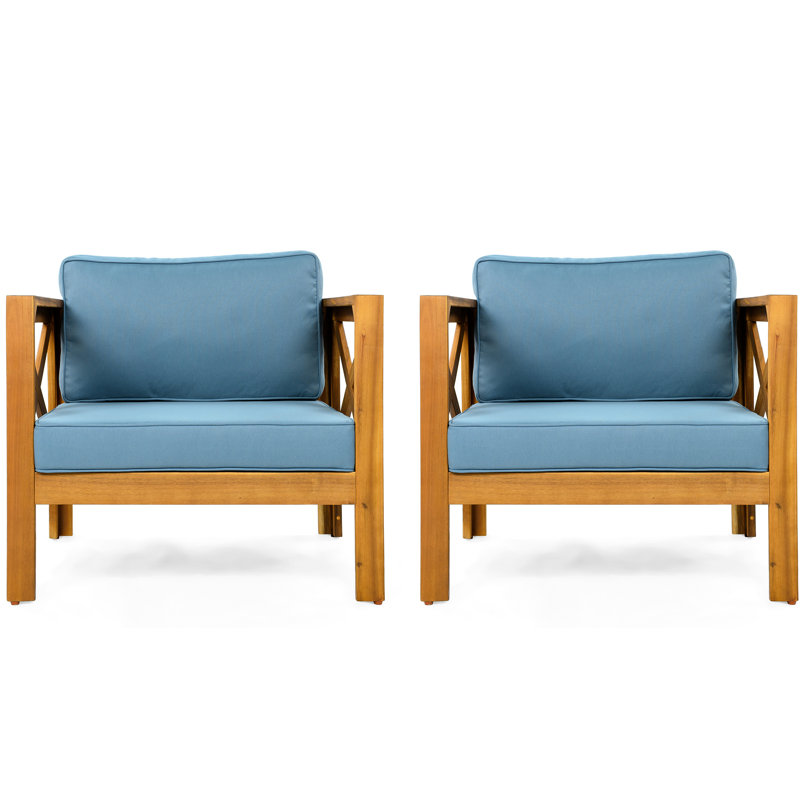 Fauteuil club d'extérieur en bois avec coussins bleus, fini et résistant aux intempéries, Bleu