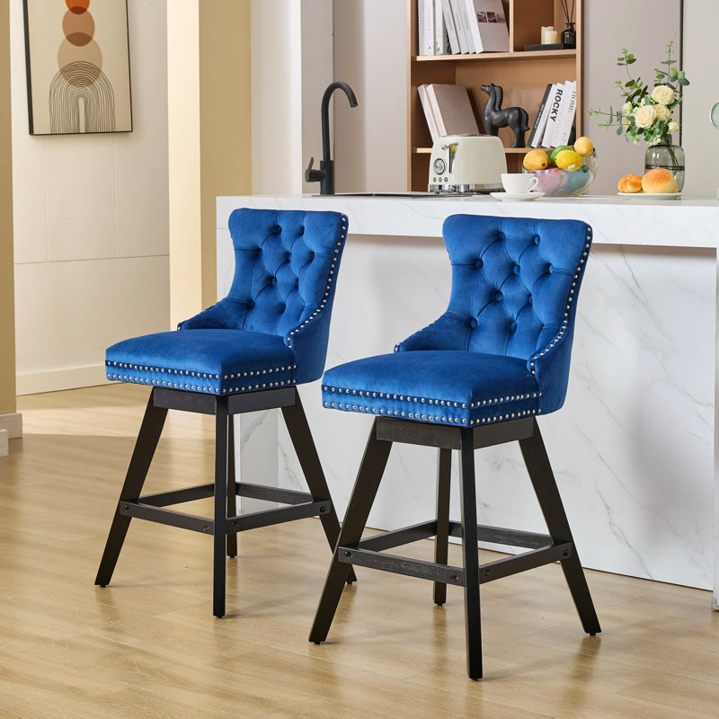 360 Swivel Button Velvet , Foam Inner, Solid Wooden Legs, Trim, 2  Blue  For Comfortable Dining Blue With 360-Degree Swivel, Padding, Area