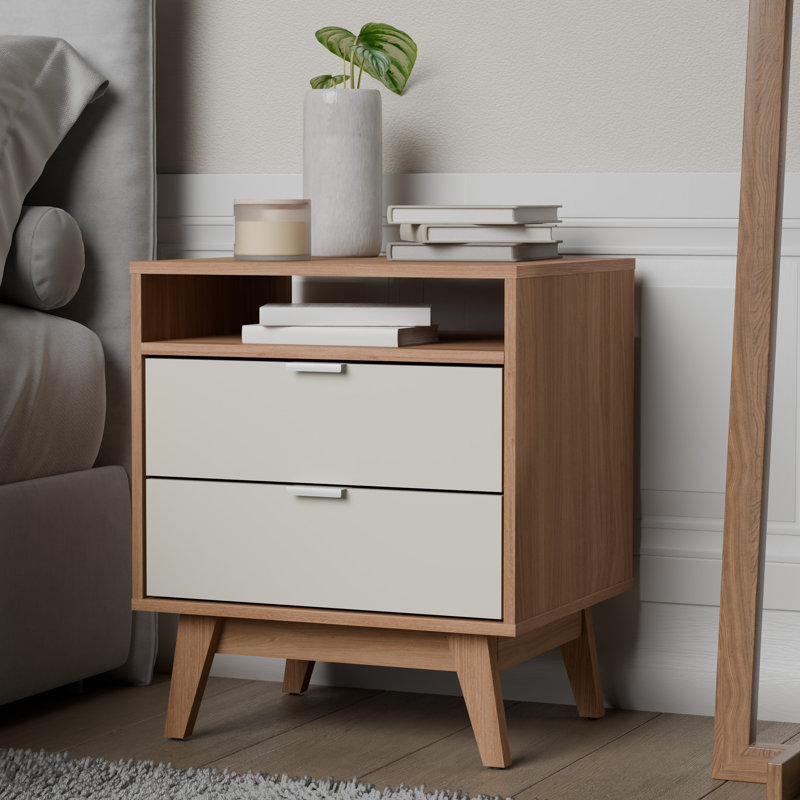 Clea Modern 2-Drawer Nightstand w/ Open Shelf - Bedside Table W.20.78', Light Brown/Cream