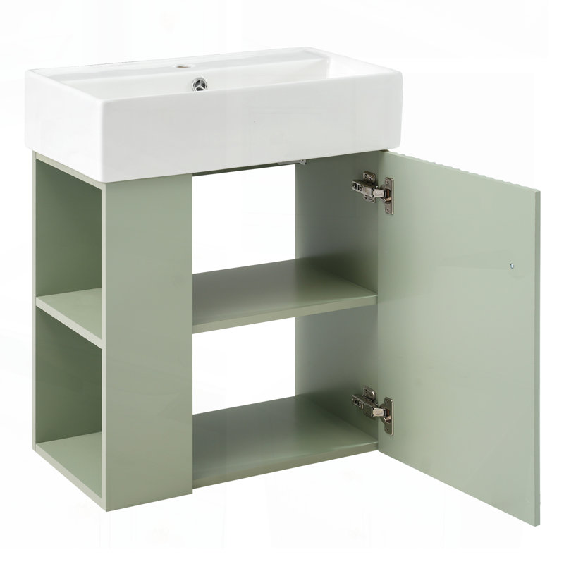 Meuble-lavabo flottant moderne de 21,6 po avec lavabo en céramique et rangement à gauche pour les espaces compacts, Vert