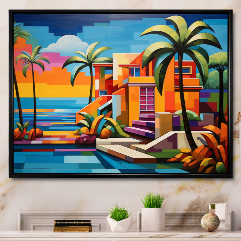 Pop Art Palm Beach en couleur I - Pop Art, art encadré, Cadre flottant noir, H 30 po x l 40 po x P 1,5 po