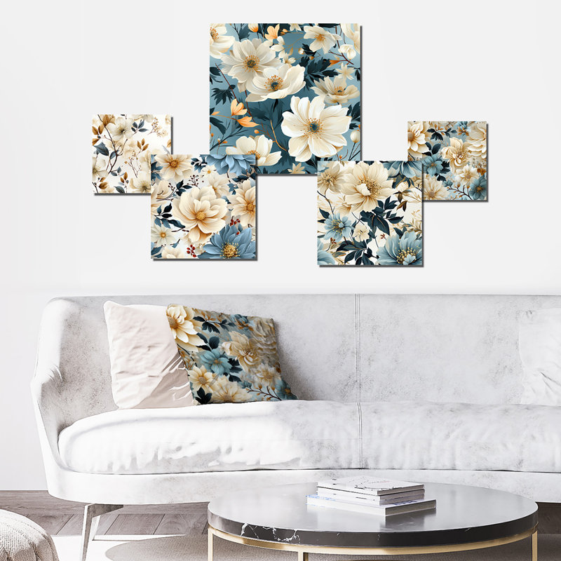 Harmonie de coquelicots blancs et bleus I - ensemble d'art mural floral de 5