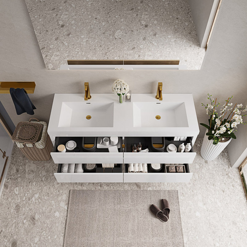 Meuble-lavabo mural avec double lavabo, Blanc lustré, 59"