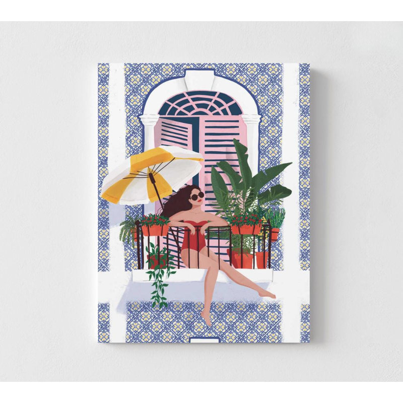 Balcon Sunbather - Illustration de l'été méditerranéen, Ne s’applique pas, H 16 po x l 12 po, Impression sans cadre