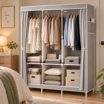 50 Inch Portable Fabric Closet Wardrobe, Freestanding Garment Organizer with 3 Hanging Rods & Storage Shelves, Side Pockets for Bedroom Dorm