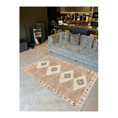 Machine Washable  Beige Brown Patterned Woven Base Modern Decorative Rug