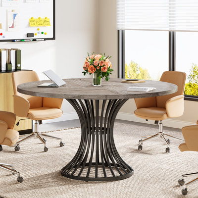 47 Inch Round Conference Table For 4-6, Conference Room Table With Thickened Tabletop And Metal Base