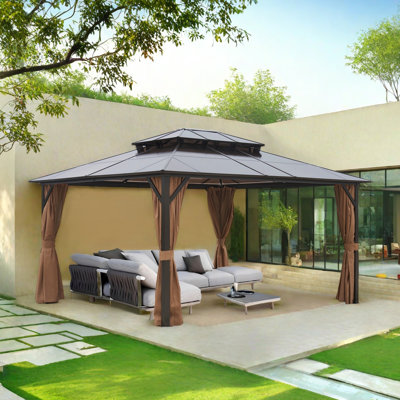 10 Ft. W X 12 Ft. D Aluminum Patio Hardtop Double-Roofed Gazebo with Netting and Curtains