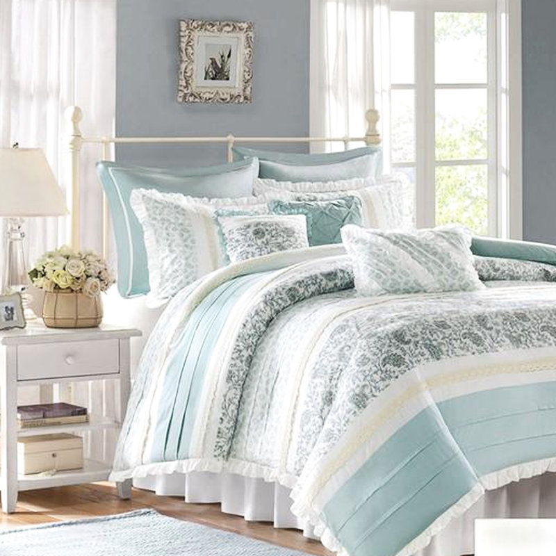 Housse de couette pour lit très grand 9 pièces en coton avec tissu imprimé et 2 taies décoratives Euro