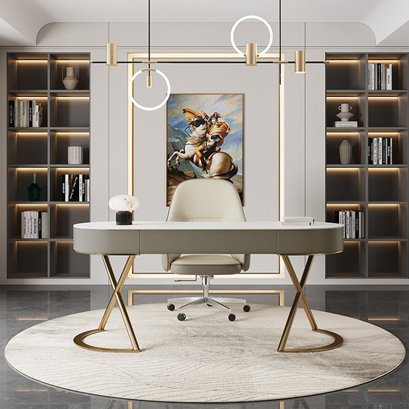 Bureau blanc avec 3 tiroirs blanc et gris, H 29,53 po x l 70,87 po x P 25,59 po