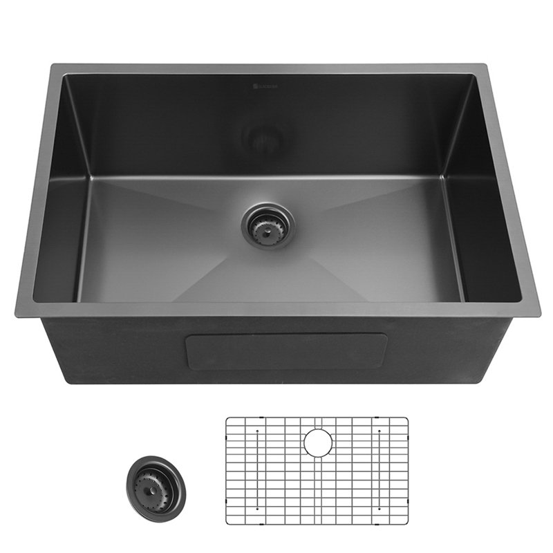 23" L x 18" W Gunmetal Black Undermount Kitchen Sink with Basket Strainer, Gunmetal Black, 18-Gauge