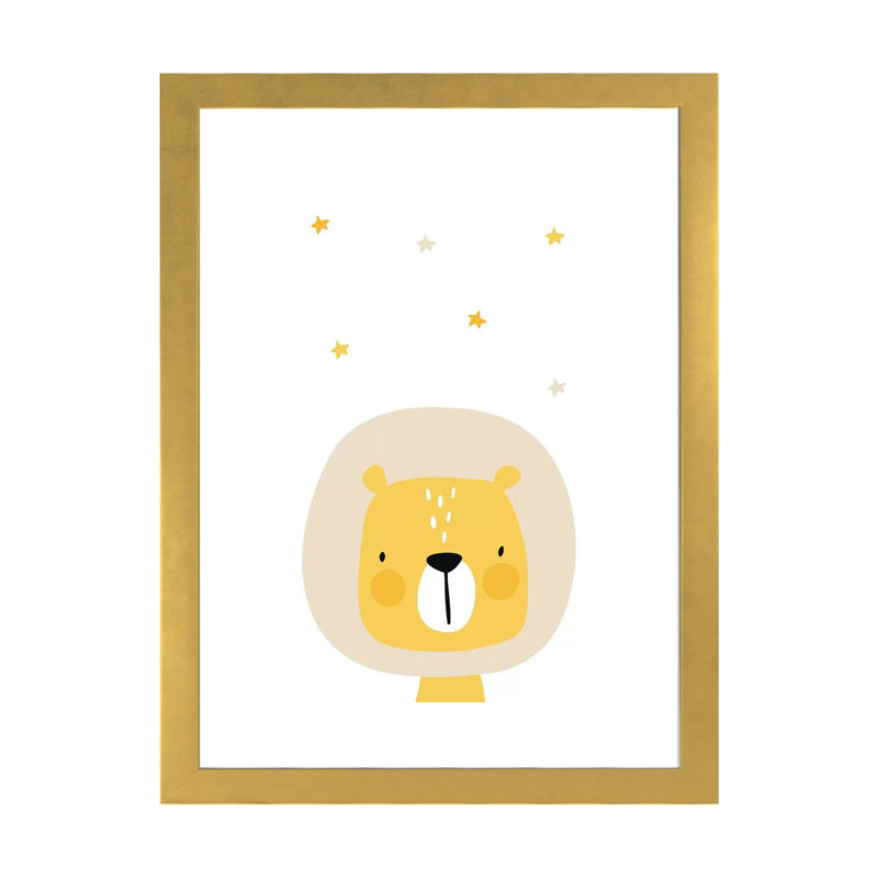 Lion avec étoiles - impression d'art graphique, H 32 po x l 24 po x P 1 po, Papier encadré doré, Blanc
