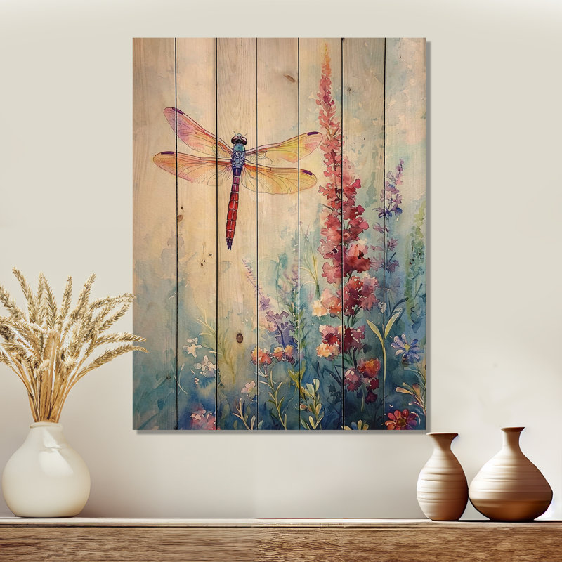 Libellule dans les jardins II - impression moderne en bois rouge sur bois de pin naturel, H 20 po x l 10 po