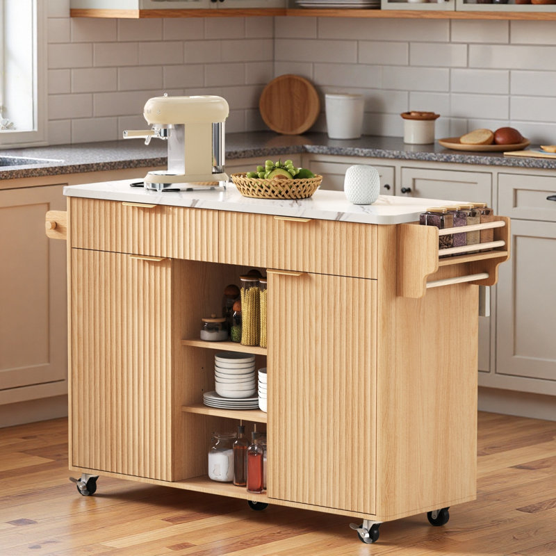 Fluted Kitchen Island With Drop Leaf, Power Outlet, Adjustable Shelves, 2 Doors And 2 Drawers, White/Natural