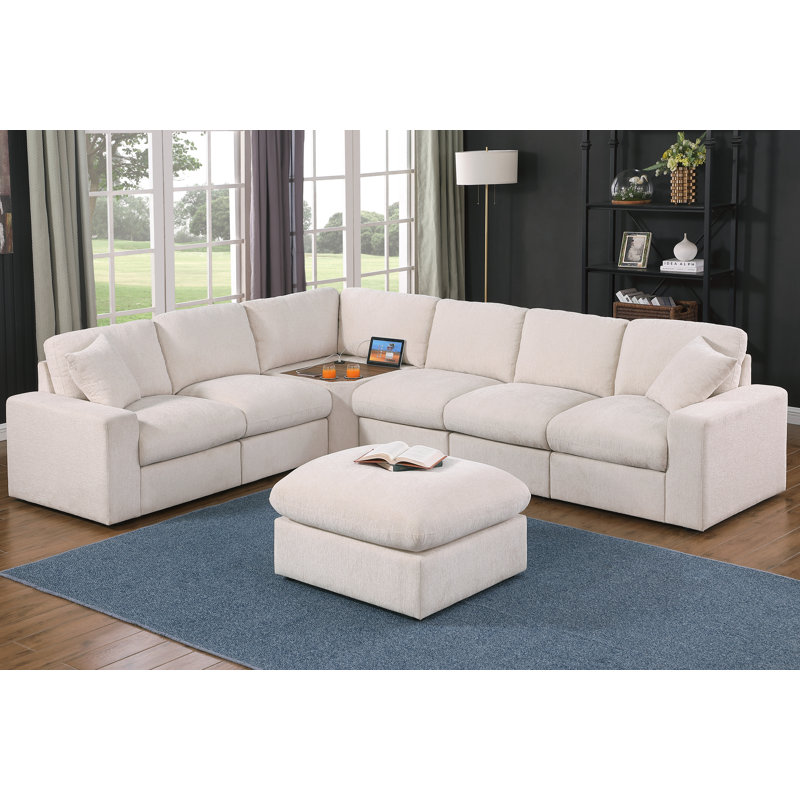 Phalangere Corner Sectional Sofa With Table Cupholder Console And Ottoman, Beige Chenille