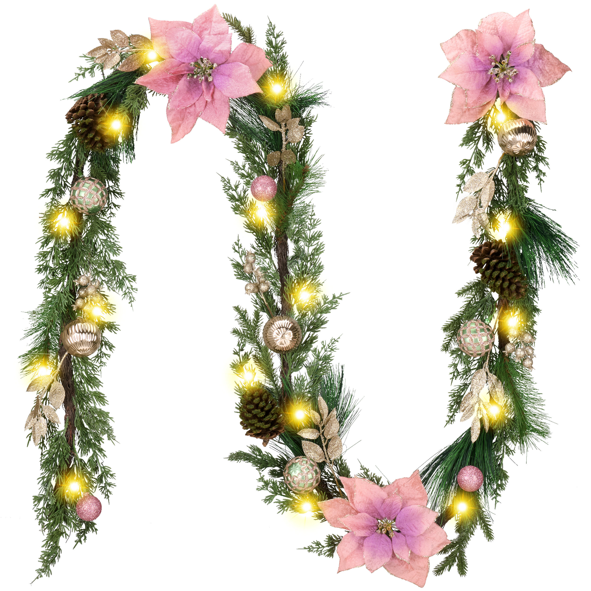 The Holiday Aisle® Kaheem Lighted Christmas Balls and Pinecorn Pre-decorated Artificial Pink Poinsettia and Pine Christmas Garland & Reviews | Wayfair