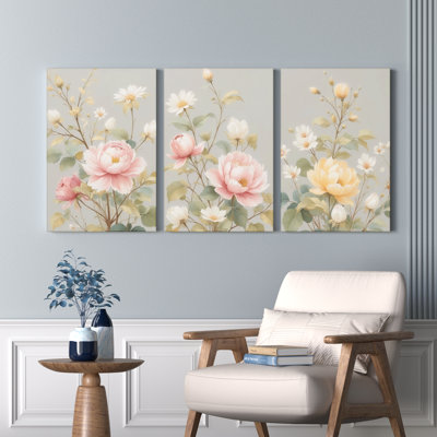 Blush Pink and Cream Floral Canvas Wrapped Wall Art, Oil Painting Print (Set of 3)