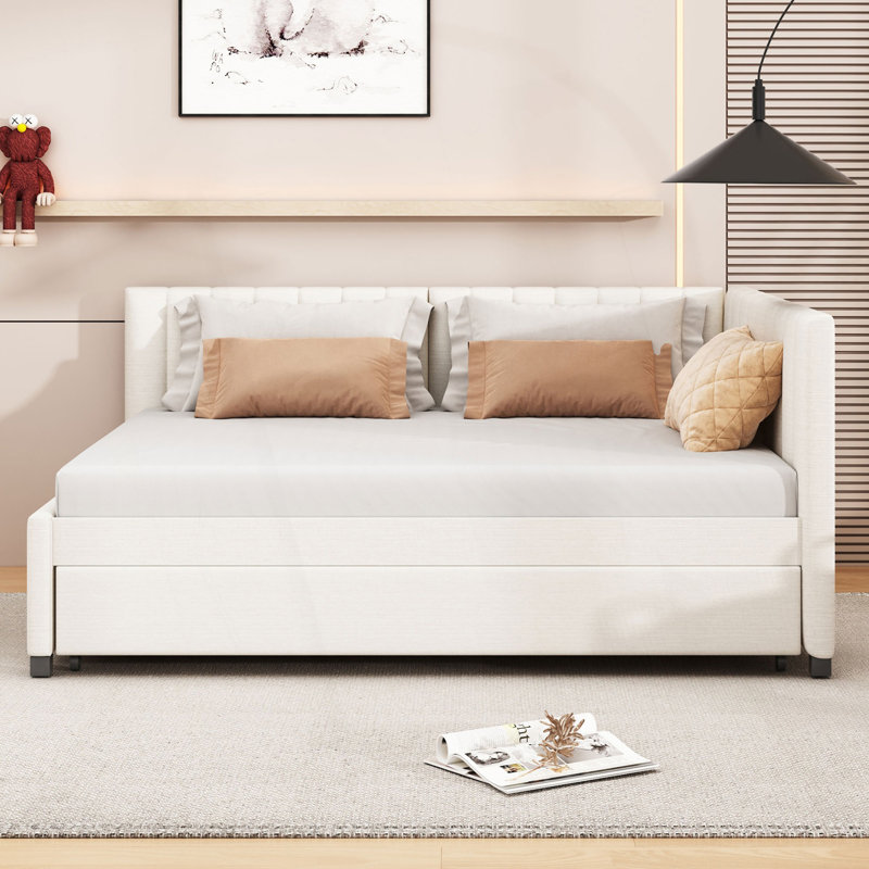 Full Size Upholstered Daybed With Trundle, Sofa Bed Frame, Modern Day Bed, Beige