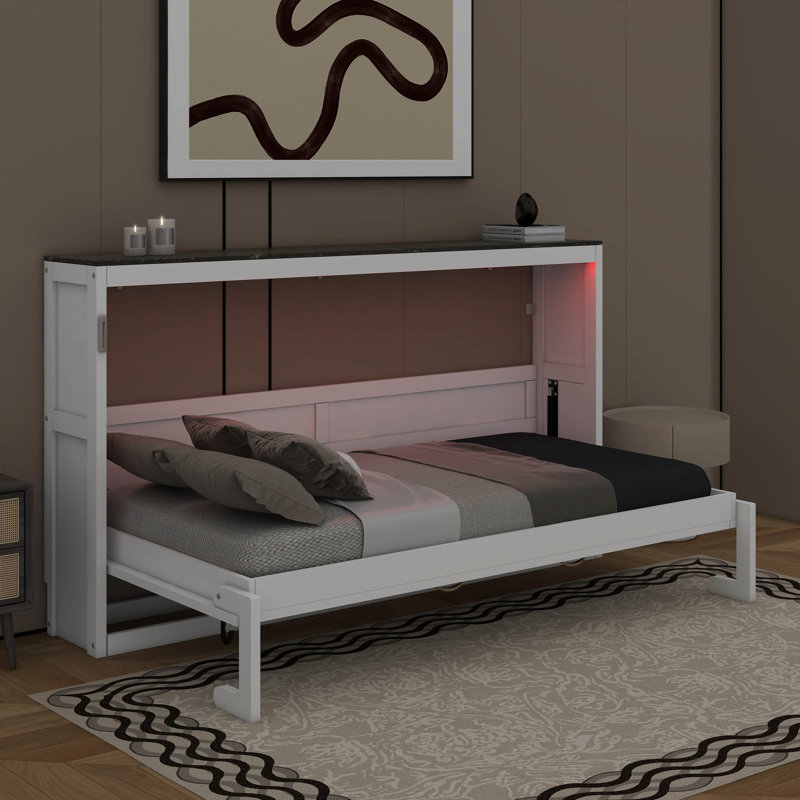 Lit escamotable simple avec DEL, Blanc/brun