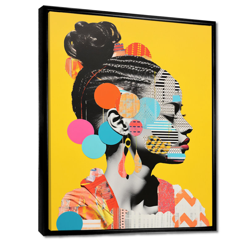 «Afro American», collage rétro coloré V - femme, art mural, Cadre flottant noir, H 20 po x l 12 po x P 1 po
