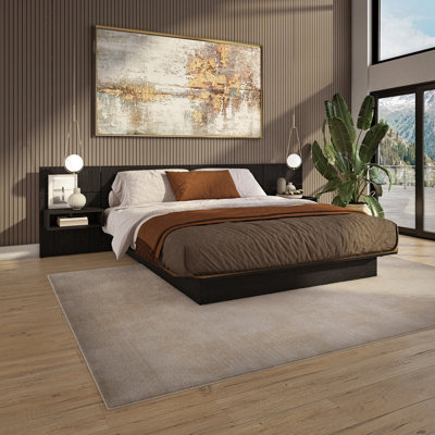 ZEN ALPHA Bedroom Platform Bed with Headboard and Wall Mounted Cube Nightstands (2) Easy Assembly No Box Spring Required