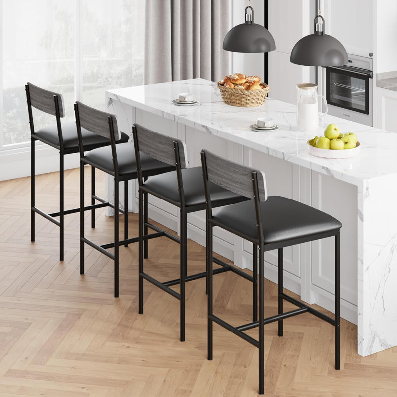 Ensemble moderne de 4 tabourets de bar à hauteur de comptoir de 65 cm avec chaises rembourrées en similicuir noir et dossier de soutien