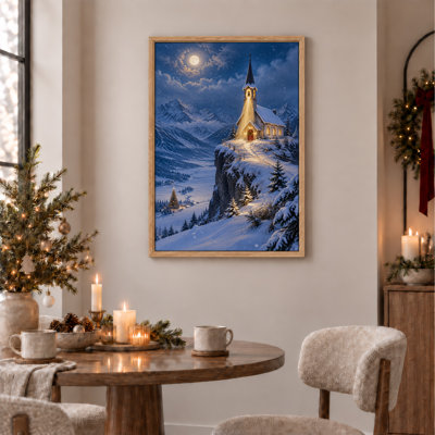 «Snowy Church On Cliff With Moonlit Mountains», art mural sur toile