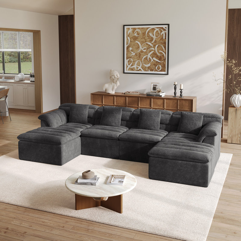 Boneless 142" Modular Cloud Sofa with Deep Seat, Boneless Corduroy Couch, No Assembly Required, Dark Gray Corduroy