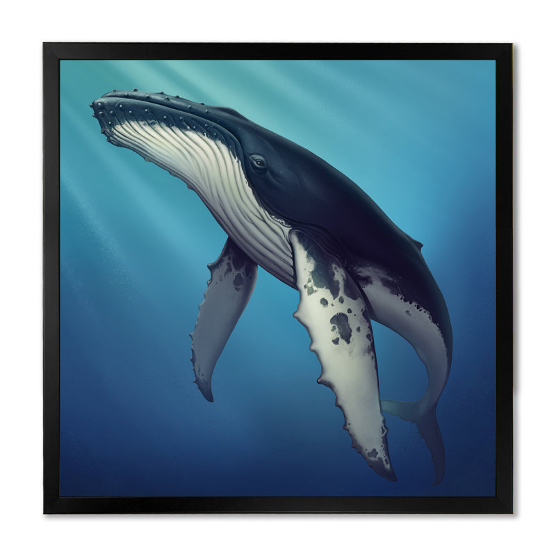 Baleine dans l'océan II - Peinture, Cadre photo noir, H 16 po x l 16 po x P 1 po