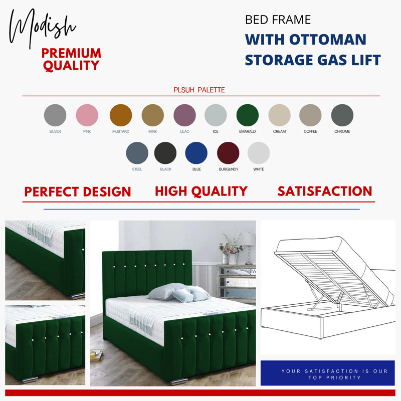 Upholstered Ottoman Storage Bed, Emerald Green, Small Double (4')