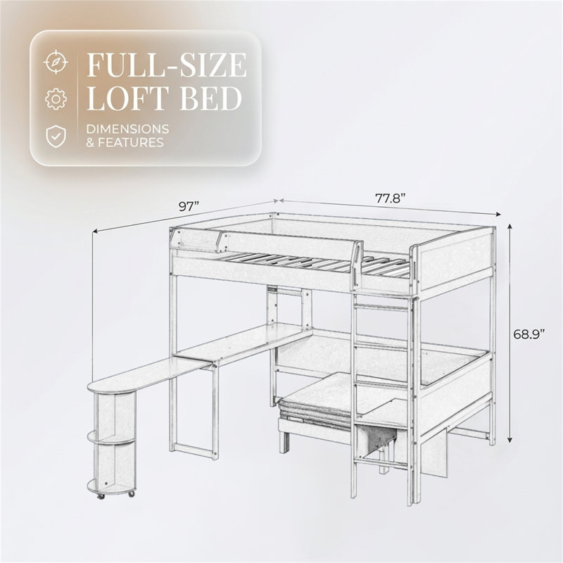 Lit mezzanine double, structure en bois, avec bureau rétractable, bibliothèque, canapé et lampe, style minimaliste, lit tout en un, bleu