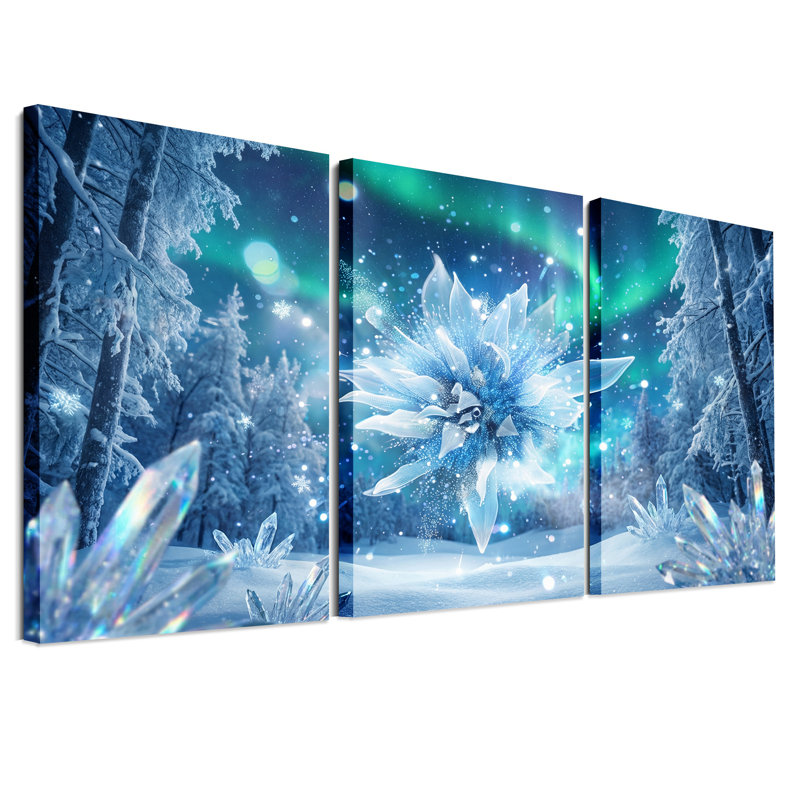 Ensemble de 3 toiles murales « Flocon de neige cristallin lumineux dans une forêt d'aurores boréales », 36"H x 24"W x 3pcs