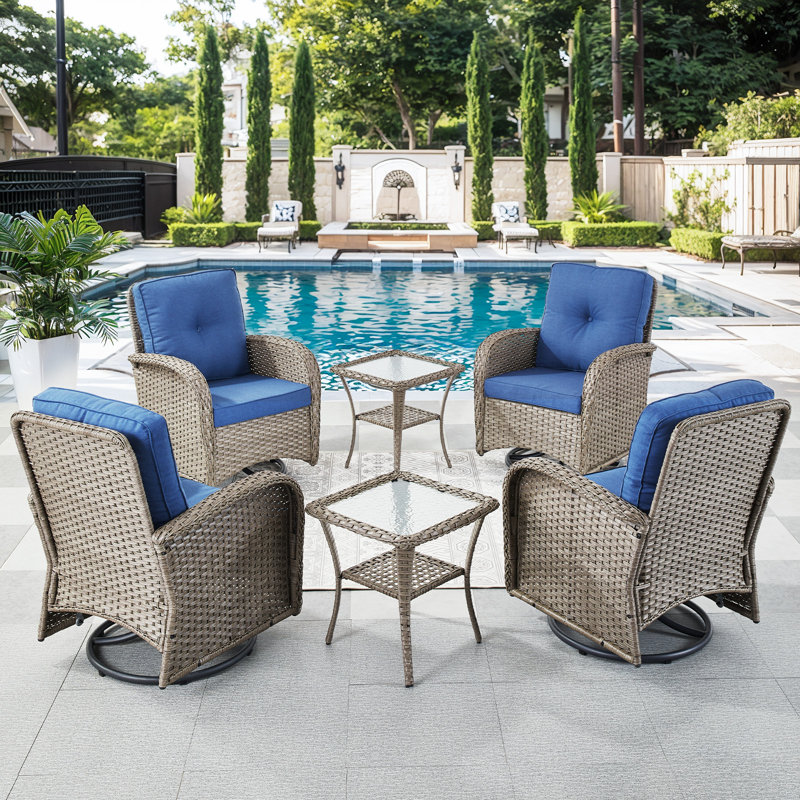 Fauteuil oscillant pivotant en osier avec coussins et table d'appoint Keywest, Bleu