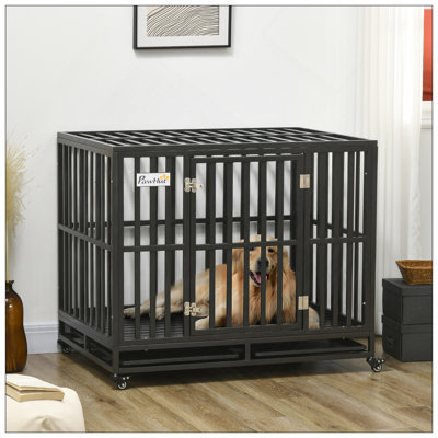 Caisse pour chien robuste en métal avec roues verrouillables, porte double et plateau amovible pour un nettoyage facile