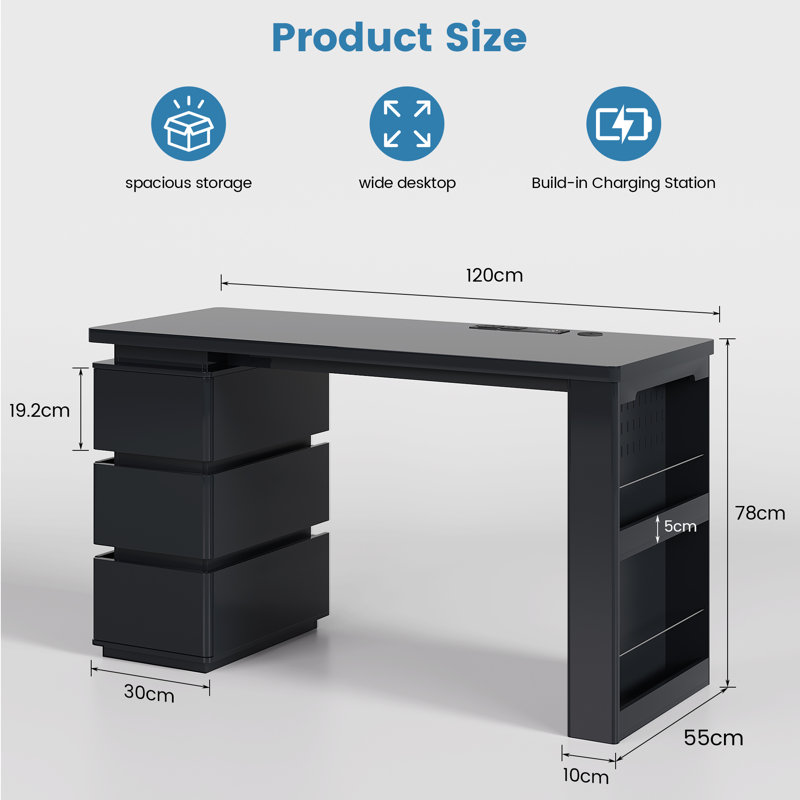 MDF Computer Desk with Built-In Electrical Outlet, Black