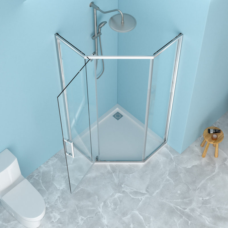 Cabine de douche semi-sans cadre à charnière néo-angle, 34 1/8 po X 72 po, 5/16 po Verre, finition chromée | Idée de cadeau