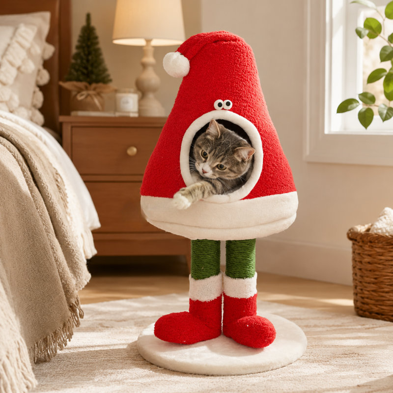 Arbre à chat de Noël avec poteau à griffes en sisal, lit de refuge pour chat avec base stable pour chats d'intérieur
