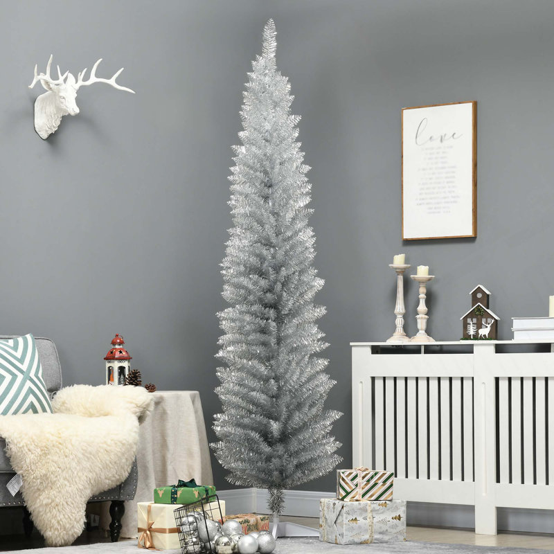 Arbre de Noël artificiel à crayon mince avec embouts de branches réalistes et support en plastique, 7'