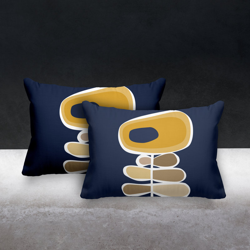 Outdoor Reversible Throw Pillow, Yellow/Navy Blue/Beige