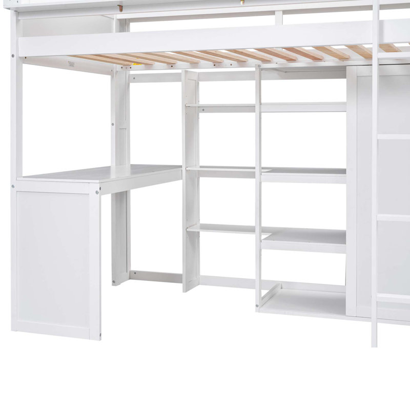 Lit mezzanine en bois avec plusieurs tablettes de rangement et garde-robe, Blanc