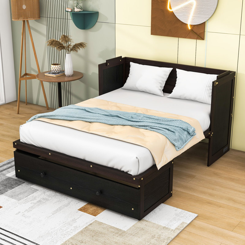 Lit escamotable polyvalent avec port USB intégré et tiroir de rangement spacieux, Double, Espresso