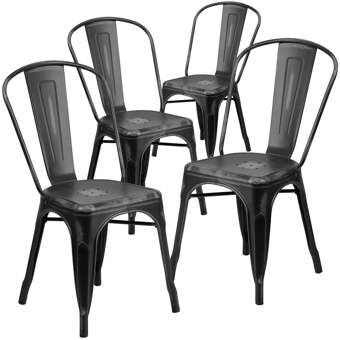 Dickens Distressed Metal Indoor-Outdoor Stackable Chair - Kitchen Furniture (Set of 4) Breakwater Bay