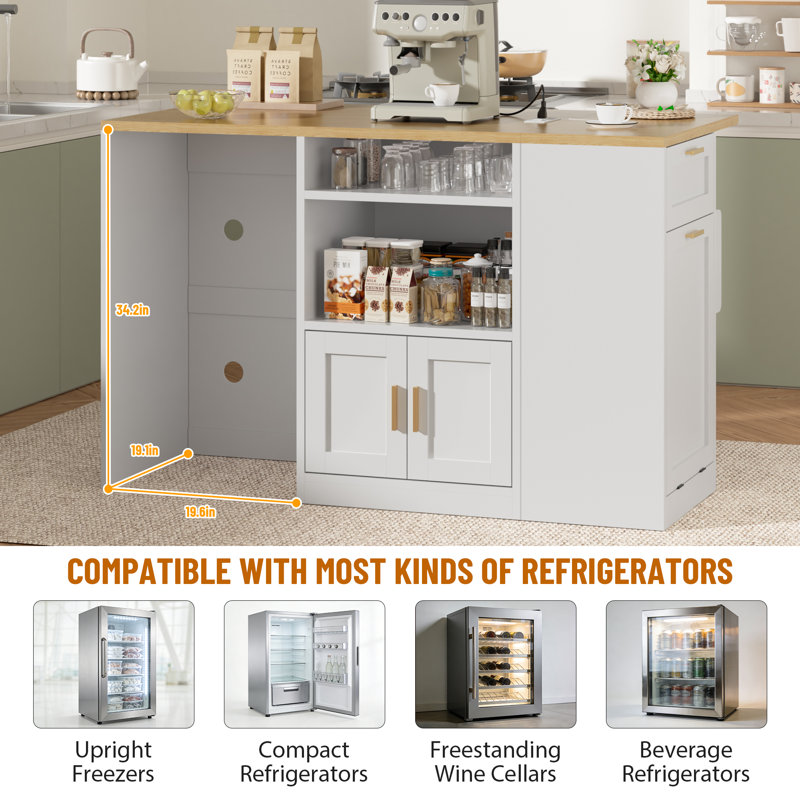 Modern Wooden Kitchen Island with Fridge Space & Drop Leaf, Built-in Power Outlets, and Trash Bin Cabinet for Small Kitchens & Coffee Bars