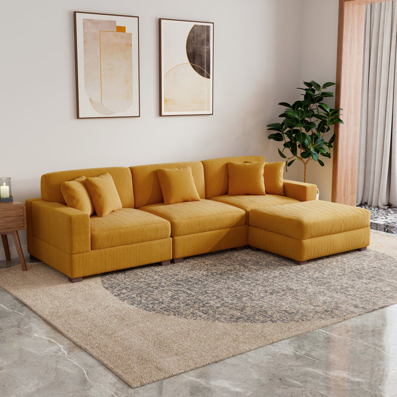 4 - Piece Upholstered Orange Corduroy Modular Sectional Sofa with Pillow Back and Removable Ottoman, Orange Corduroy