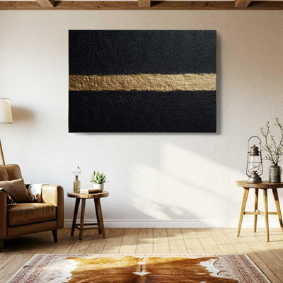 Toile noire et dorée minimaliste, larges rayures horizontales - décoration murale industrielle moderne, impression de luxe abstraite texturée pour le bureau