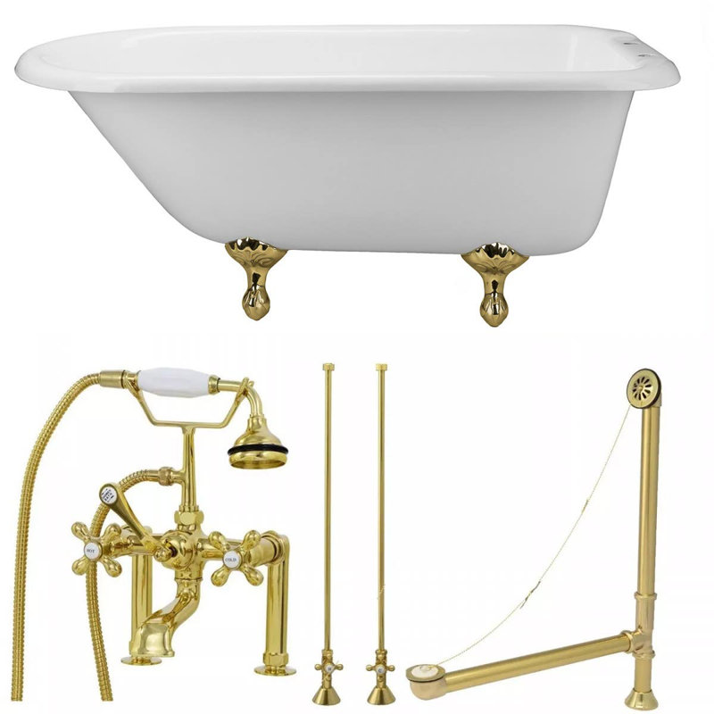 Baignoire de trempage autoportante en fonte émaillée 61 po x 30 po avec robinet, Or