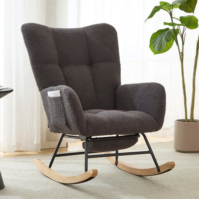 Ensemble fauteuil berçant à oreilles en tissu Teddy et repose-pieds, fauteuil à bascule d'allaitement avec poche de rangement latérale, mouvement de glissement fluide, base en bois massif sécurisée, fauteuil d'appoint confortable pour le salon